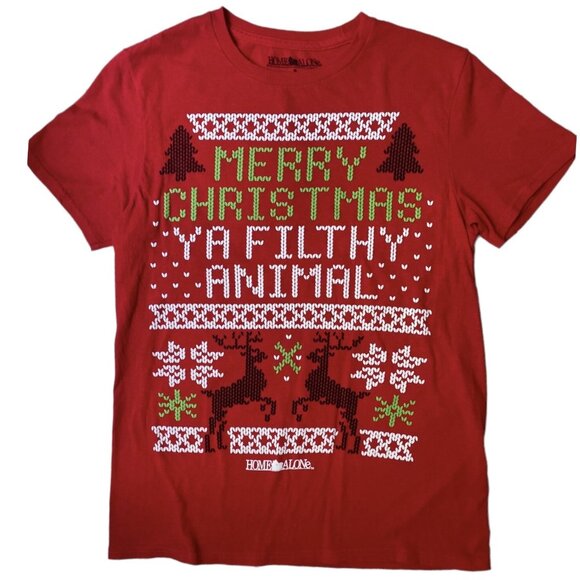 Christmas Home Alone Merry Ya Filthy Animal Short Sleeve Red T Women’s L Men’s S - Picture 1 of 5